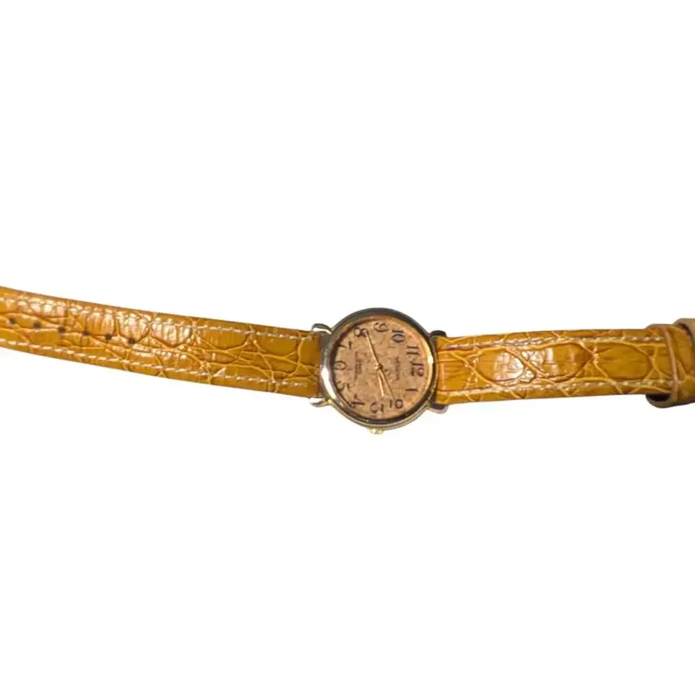 Geneva Quartz Women's Watch with Cork Dial and Yellow Faux Croc Leather Strap
